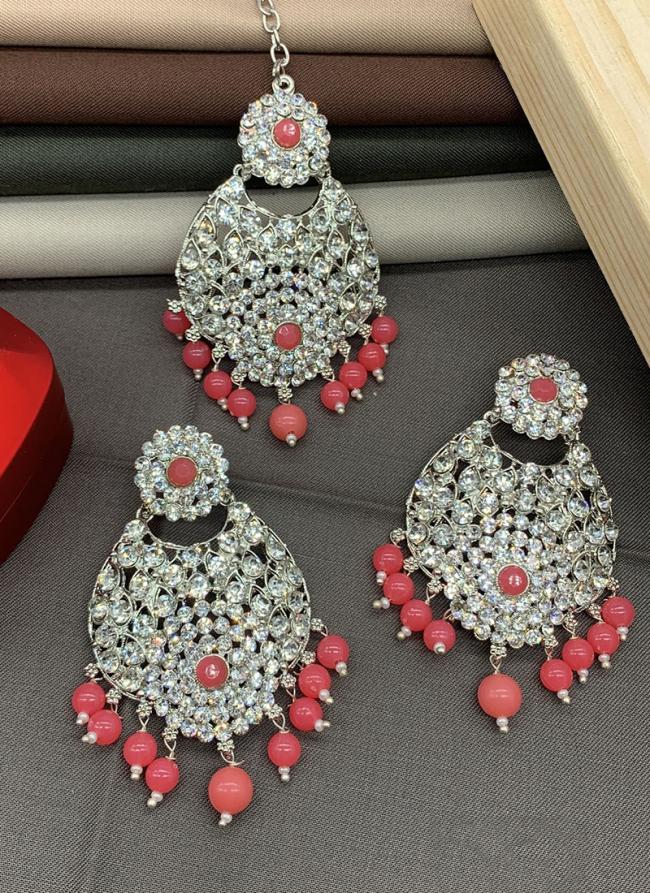 Pink Silver Plated Earrings With Maang Tikka